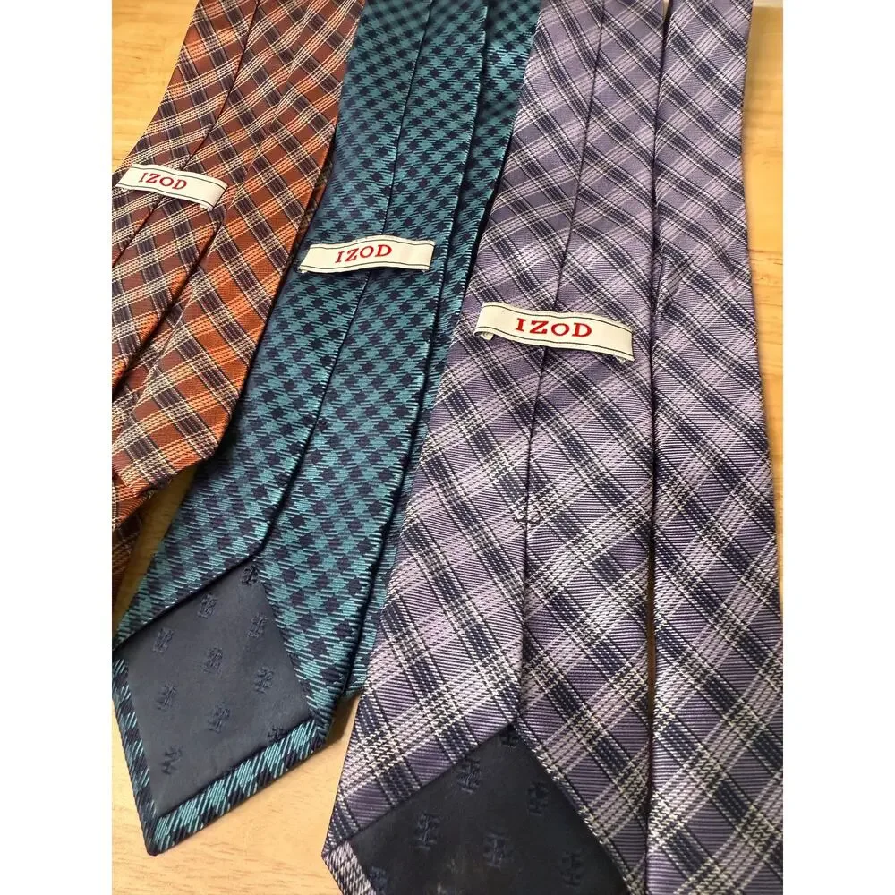 Set of 3 IZOD Men's Silk Neck Ties Purple Teal and Orange Plaids JL